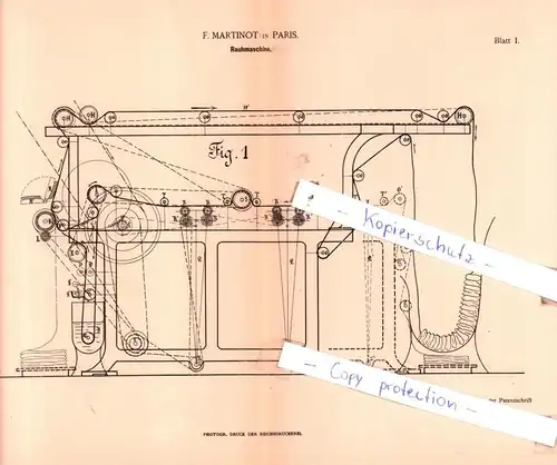 original Patent - F. Martinot in Paris , 1887 ,  Rauhmaschine !!!