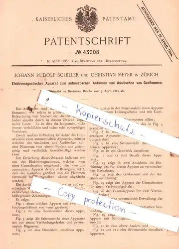 original Patent - J. R. Schiller und C. Meyer in Zürich , 1887 , Gas-Bereitung und -Beleuchtung !!!