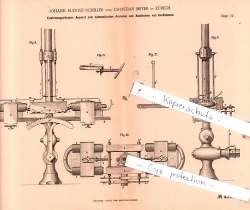 original Patent - J. R. Schiller und C. Meyer in Zürich , 1887 , Gas-Bereitung und -Beleuchtung !!!