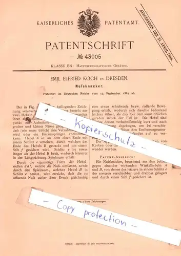 original Patent - Emil Elfried Koch in Dresden , 1887 , Nußknacker !!!