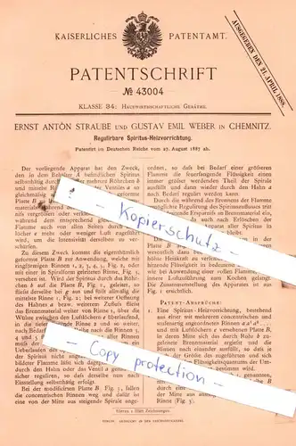 original Patent - Ernst Anton Straube und Gustav Emil Weber in Chemnitz , 1887 , Spiritus-Heizvorrichtung !!!