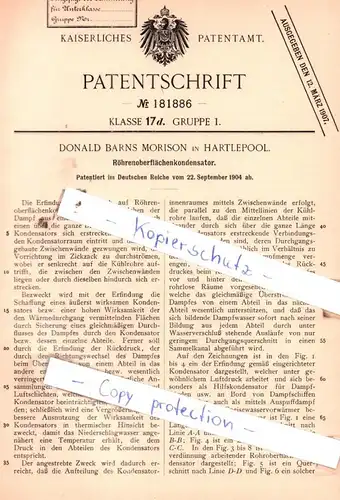original Patent - Donald Barns Morison in Hartlepool , 1904 , Röhrenoberflächenkondensator !!!