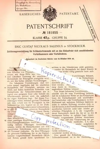 original Patent - E. G. N. Salenius in Stockholm , 1904 , Zuführungsvorrichtung für Schleudertrommeln !!!