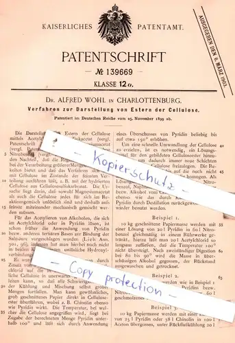 original Patent - Dr. Alfred Wohl in Charlottenburg , 1899 , Verfahren zur Darstellung von Estern der Cellulose !!!