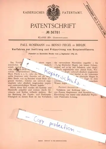 original Patent - Paul Hosemann und Benno Fiegel in Berlin , 1885 , Gespinnstfasern !!!