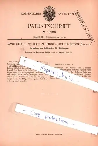 original Patent - J. G. W. Aldridge in Southampton , England , 1885 , Herstellung der Kohlenbügel für Glühlampen !!!