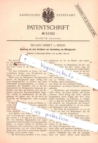 original Patent - E. Liebert in Berlin , 1889 , Neuerung bei dem Verfahren zur Herstellung von Nitroglycerin !!!