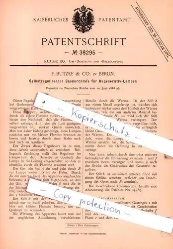 original Patent - F. Butzke & Co. in Berlin , 1886 , Selbstregulirender Gasdurchlaß für Regenerativ-Lampen !!!