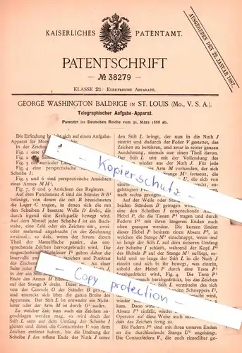original Patent - George Washington Baldrige in St. Louis , USA , 1886 , Telegraphischer Aufgabe-Apparat !!!