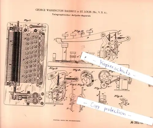 original Patent - George Washington Baldrige in St. Louis , USA , 1886 , Telegraphischer Aufgabe-Apparat !!!