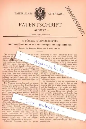 original Patent - H. Büssing in Braunschweig , 1886 , Werkzeug zum Heben und Fortbewegen von Gegenständen !!!
