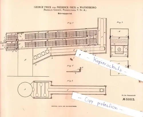 original Patent - George und Frederick Frick in Waynesboro , USA , 1889 , Dörrapparat !!!
