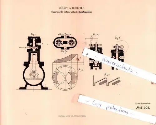 original Patent - Köchy in Elberfeld , 1889 , Steuerung für einfach wirkende Dampfmaschinen !!!