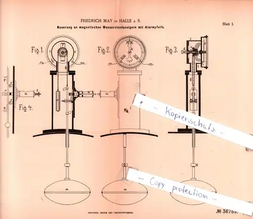 original Patent - Friedrich May in Halle a. S.  , 1885 , Neuerung an Wasserstandszeigern mit Alarmpfeife !!!