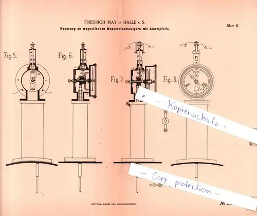 original Patent - Friedrich May in Halle a. S.  , 1885 , Neuerung an Wasserstandszeigern mit Alarmpfeife !!!