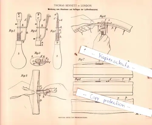 original Patent - T. Bennet in London , 1898 , Werkzeug zum Abnehmen und Auflegen der Luftreifenmäntel !!!