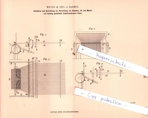 original Patent - Wever & Seel in Barmen , 1898 ,  Verfahren und Einrichtung zur Herstellung von Geweben !!!