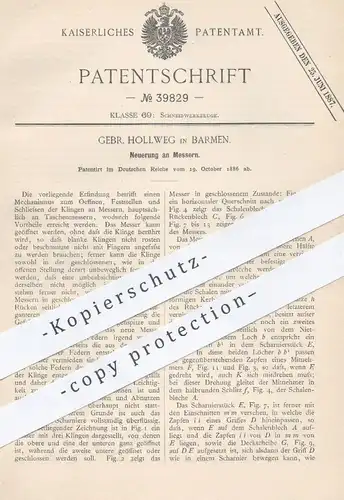 original Patent - Gebrüder Hollweg , Berlin , 1886 , Messer | Messerklinge , Schneidzeug , Werkzeug , Taschenmesser !!