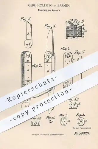 original Patent - Gebrüder Hollweg , Berlin , 1886 , Messer | Messerklinge , Schneidzeug , Werkzeug , Taschenmesser !!