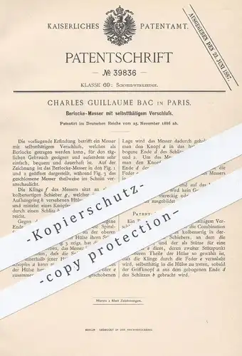 original Patent - Charles Guillaume Bac , Paris , 1886 , Berlocke - Messer mit selbsttätigem Verschluss | Werkzeug