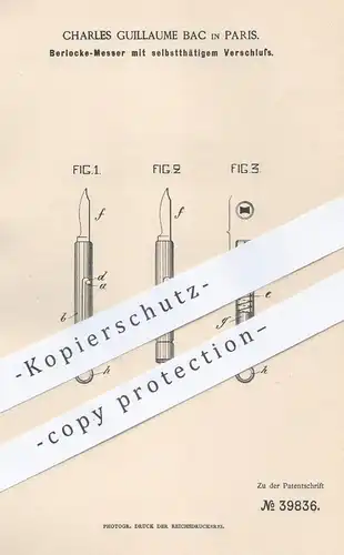 original Patent - Charles Guillaume Bac , Paris , 1886 , Berlocke - Messer mit selbsttätigem Verschluss | Werkzeug