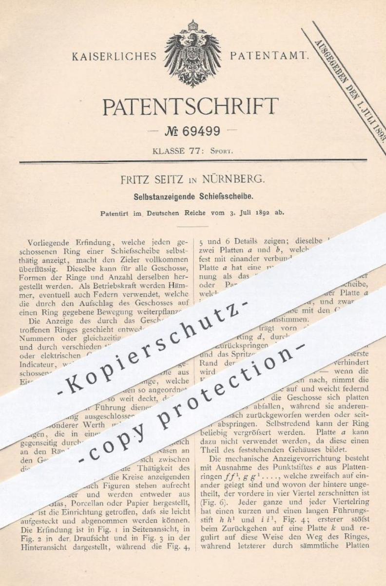 original Patent Fritz Seitz , Nürnberg , 1892 , Selbstanzeigende