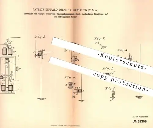 original Patent - Patrick Bernard Delany , New York USA  1885 , Korrektion des Ganges synchroner Telegraphen | Telegraph