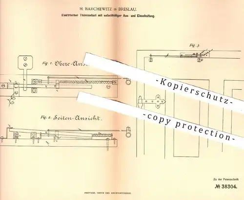 original Patent - H. Barchewitz , Breslau , 1886 , Elektrischer Türkontakt | Tür , Türen , Fenster , Schlosser !!!