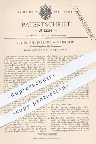 original Patent - Julius Hillenbrand , Mannheim  1885 , Gasdruckregulator für Gasmotor | Regulator , Gas Motor , Motoren