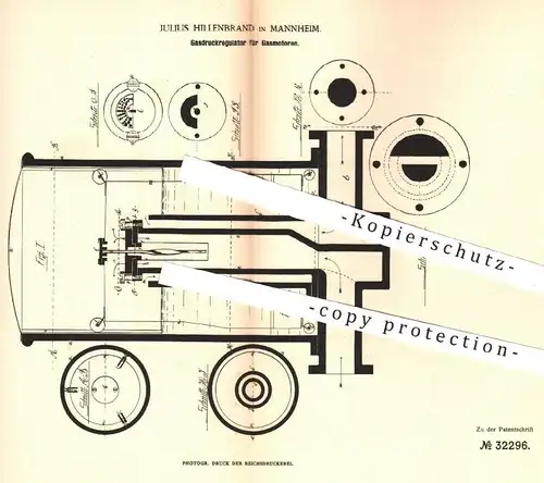 original Patent - Julius Hillenbrand , Mannheim  1885 , Gasdruckregulator für Gasmotor | Regulator , Gas Motor , Motoren