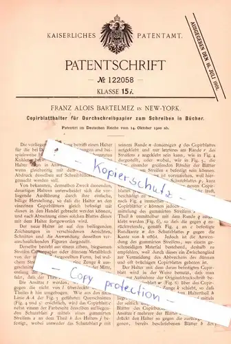 original Patent - Franz Alois Bartelmez in New-York , 1900 ,  Copirblatthalter für Durchschreibpapier !!!