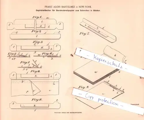 original Patent - Franz Alois Bartelmez in New-York , 1900 ,  Copirblatthalter für Durchschreibpapier !!!