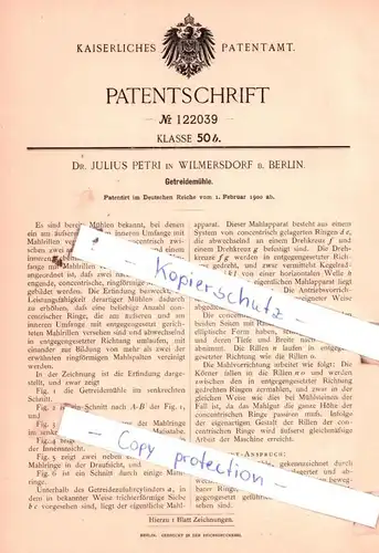 original Patent -  Dr. Julius Petri in Wilmersdorf b. Berlin , 1900 , Getreidemühle !!!