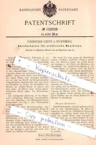 original Patent - Chrisian Geitz in Nürnberg , 1900 ,  Bürstenhalter für elektrische Maschinen !!!