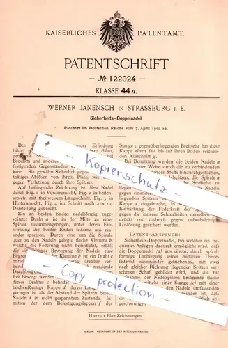 original Patent - Werner Janensch in Strassburg i. E. , 1900 , Sicherheits-Doppelnadel !!!