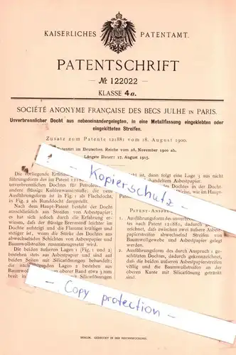 original Patent - Sociètè Anonyme Francaise Des Becs Julhe in Paris , 1900 , Unverbrennlicher Docht !!!