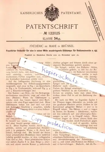 original Patent - Frèdèric de Mare in Brüssel , 1900 , Facettirter Reflector !!!