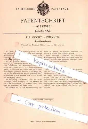 original Patent - K. L. Gocht in Chemnitz , 1900 , Schraubensicherung !!!