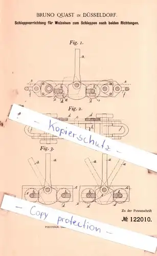 original Patent - Bruno Quast in Düsseldorf , 1900 , Schleppvorrichtung für Walzeisen !!!