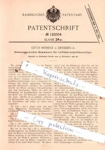 original Patent - Otto Hörenz in Dresden-A. , 1900 , Schwunggewichts-Hemmwerk für Luftüberschußbeseitiger !!!