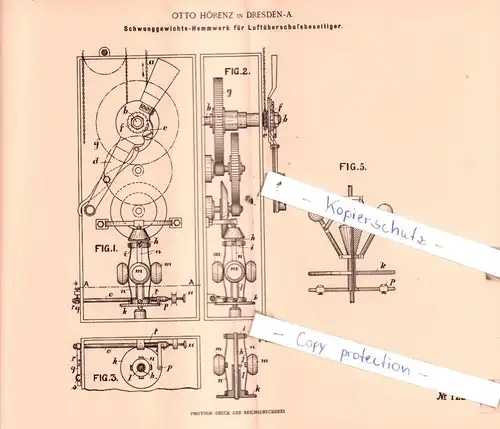 original Patent - Otto Hörenz in Dresden-A. , 1900 , Schwunggewichts-Hemmwerk für Luftüberschußbeseitiger !!!