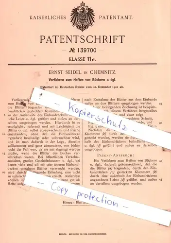 original Patent - Ernst Seidel in Chemnitz , 1901 , Verfahren zum Heften von Büchern o. dgl. !!!