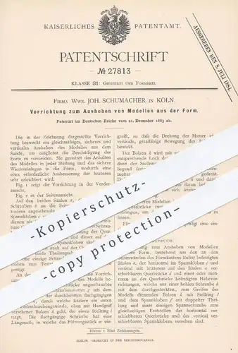 original Patent - Wwe. Joh. Schumacher , Köln , 1883 , Ausheben von Modellen aus der Form | Formen , Formerei , Gießerei