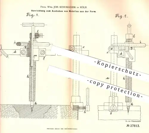 original Patent - Wwe. Joh. Schumacher , Köln , 1883 , Ausheben von Modellen aus der Form | Formen , Formerei , Gießerei