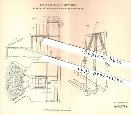 original Patent - Ernst Sensburg , München , 1899 , Tastenschreibmaschine mit Typenstäben | Schreibmaschine , Schreiben