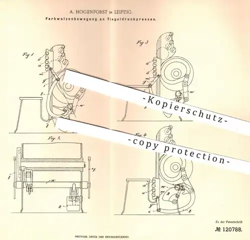 original Patent - A. Hogenforst , Leipzig , 1900 , Farbwalzenbewegung am Tiegeldruckpresse | Druck - Presse | Buchdruck