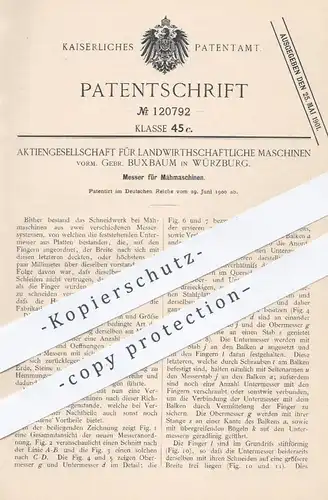 original Patent - AG für Landwirtschaftliche Maschinen , vorm. Gebr. Buxbaum in Würzburg , 1900 , Messer für Mähmaschine