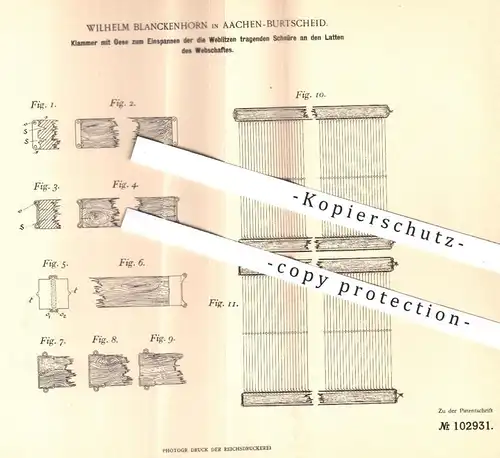original Patent - Wilhelm Blanckenhorn , Aachen / Burtscheid , 1898 , Klammer mit Öse zum Einspannen am Webstuhl | Weber