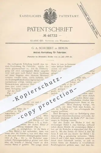 original Patent - G. A. Schubert , Berlin , 1888 , Antrieb für Fahrräder | Fahrrad - Pedal | Hebel , Rad , Räder , Wagen
