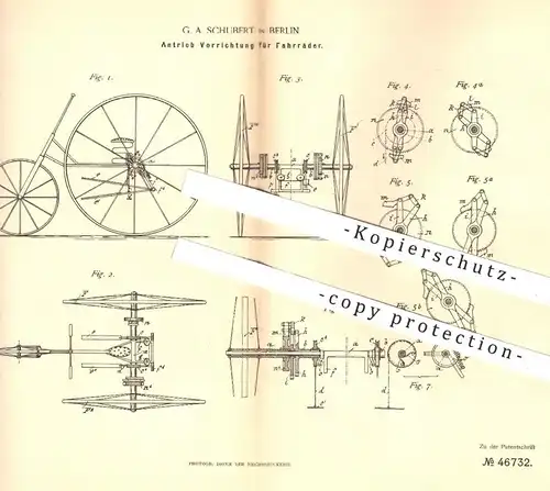 original Patent - G. A. Schubert , Berlin , 1888 , Antrieb für Fahrräder | Fahrrad - Pedal | Hebel , Rad , Räder , Wagen